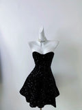 Vintage Black Strapless Sequin A-line Sweetheart Party Dresses Homecoming Dresses, HZ1024
