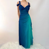 Vintage Shiny Gradient Blue-green Sheath Chiffon Unique Shoulder Strap Design Long Prom Dress Evening Dress HZ1024