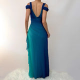 Vintage Shiny Gradient Blue-green Sheath Chiffon Unique Shoulder Strap Design Long Prom Dress Evening Dress HZ1024