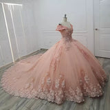 Gorgeous Pink Applique Off-the-shoulder Sweet 16 Quinceanera A-Line Floor-length Prom Dress Birthday Dress Evening Dress Ball Gown HZ1024