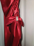 Vintage Hot Red Satin Prom Dress V-neck Ruffles Halter Dress Evening Dress A-Line Formal Dress HZ1024