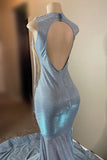 Vintage Sky Blue Mermaid Prom Dress Sparkling Beaded Evening Gown Backless Party Dress Long Formal Dress HZ1024