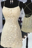 Charming Beige Appliqued Design A-line Lace-up Spaghetti Strap Homecoming Dress HZ1024