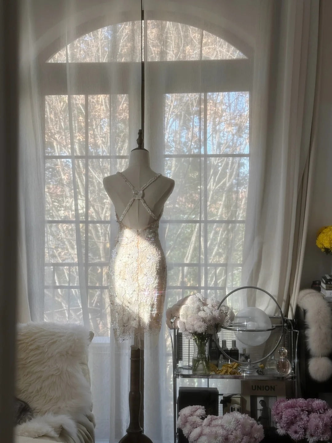 Vintage Beige Sequin Beading Appliques Spaghetti Strap A-line V-neck Party Dresses Homecoming Dresses, HZ1024