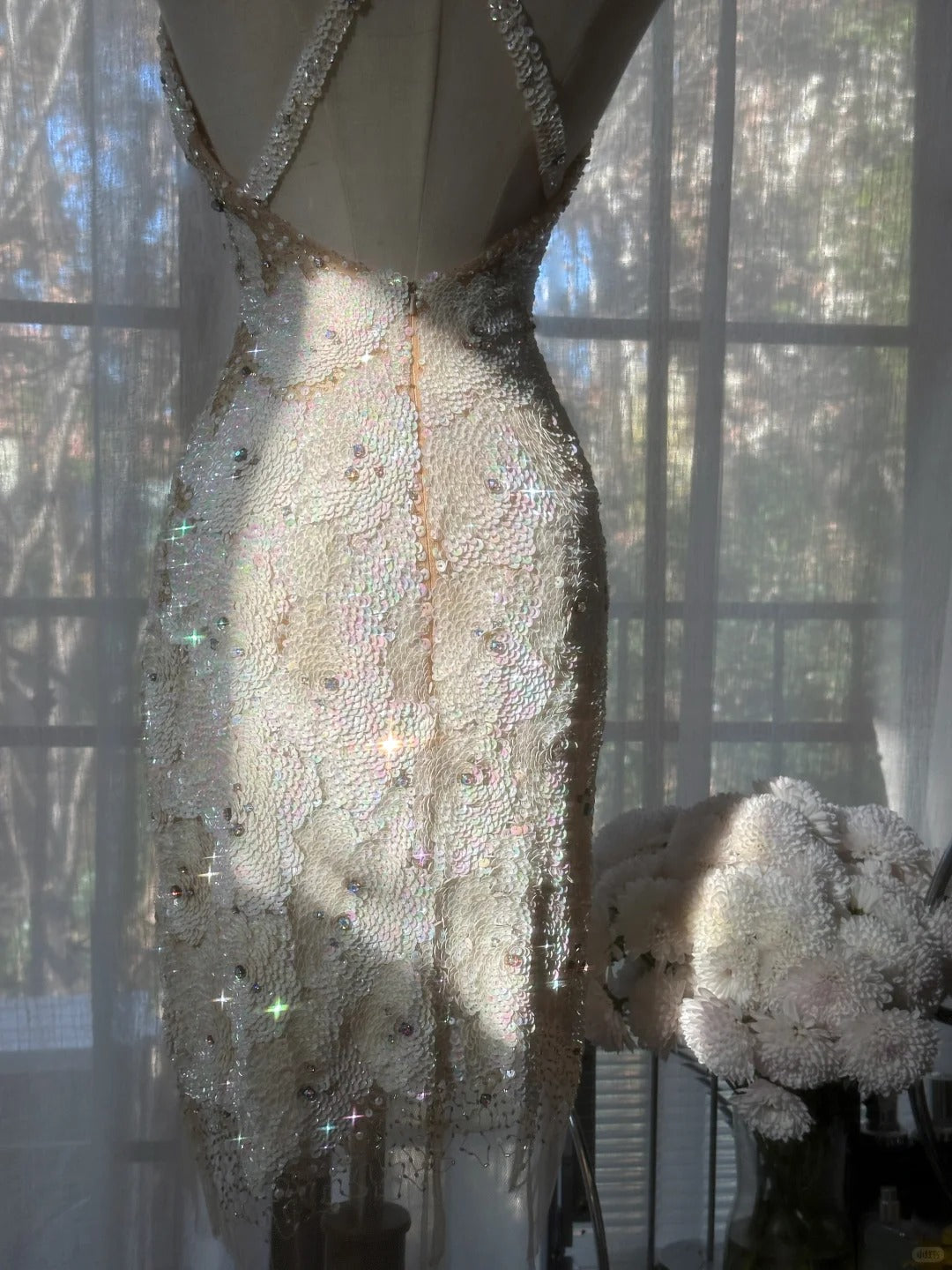 Vintage Beige Sequin Beading Appliques Spaghetti Strap A-line V-neck Party Dresses Homecoming Dresses, HZ1024