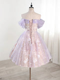 Vintage Light Purple Applique Floral Beaded Off-the-shoulder Design A-line Tulle Party Dress Homecoming Dress HZ1024