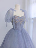 Blue Tulle Beaded Floor Length Prom Dress, A-Line Short Sleeve Evening Party Dress HZ1024