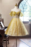 Vintage Yellow Floral Tulle Knee Length Prom Dress, Lovely A-Line Homecoming Dress HZ1024