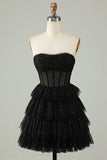 Gorgeous Black Sequined Design A-line Strapless Tiered Homecoming Dress HZ1024