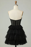 Gorgeous Black Sequined Design A-line Strapless Tiered Homecoming Dress HZ1024