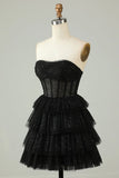 Gorgeous Black Sequined Design A-line Strapless Tiered Homecoming Dress HZ1024