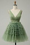 Charming Green Tulle V-neck Design A-line Tulle Homecoming Dress HZ1024