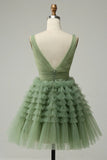 Charming Green Tulle V-neck Design A-line Tulle Homecoming Dress HZ1024