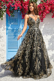 Black Golden Spaghetti Straps Long Prom Dress HZ1024